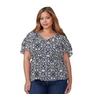 Lane Bryant White & Black Tiered Ruffle Short Sleeve Peplum Blouse Top